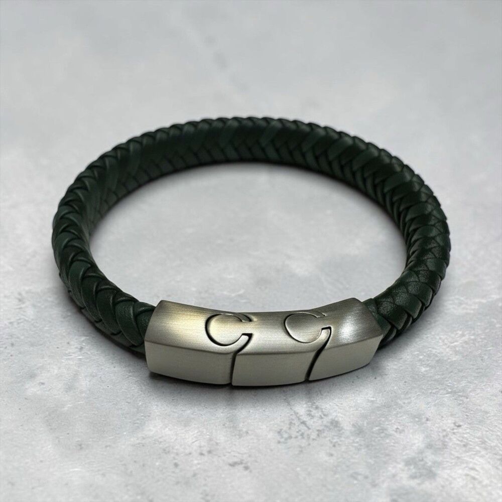 Blackjack Mens Black Leather Stainless Steel Braided Green/Black Bracelet NWT